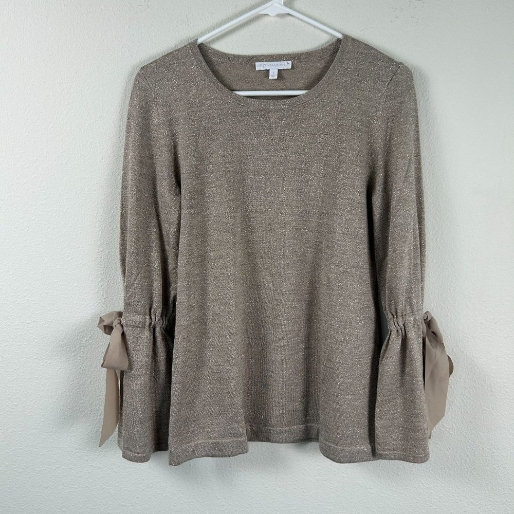 Talbots RSVP Sweater Top Women S Tan Gold Metallic Bow Flutter Sleeve Wool Blend